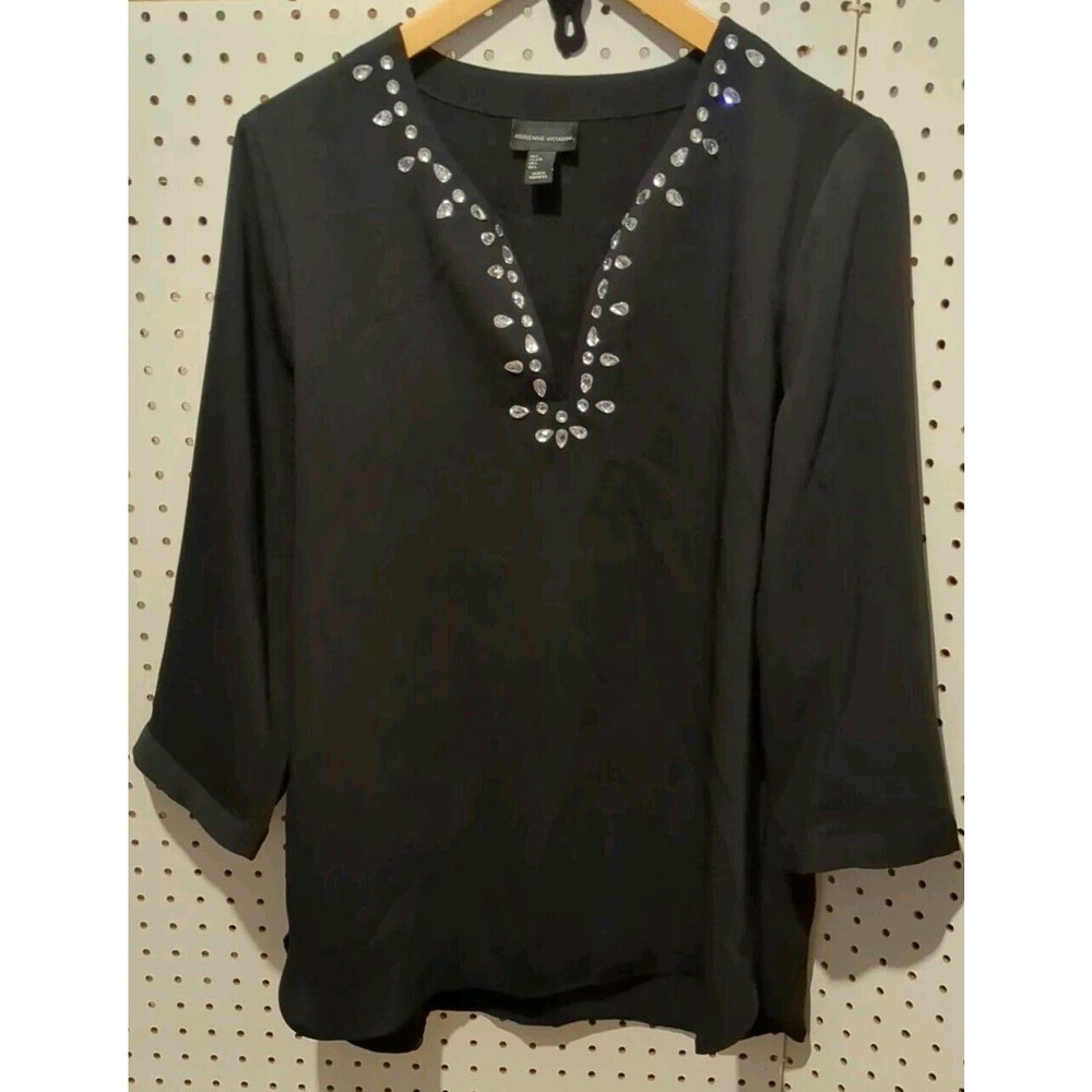 Adrienne Vittadini Black Embellished Top Blouse Large Sheer